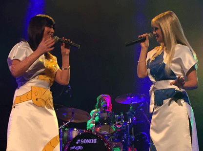 Image of Frida & Agnetha for top ABBA tribute act PLATINUM singing live on stage